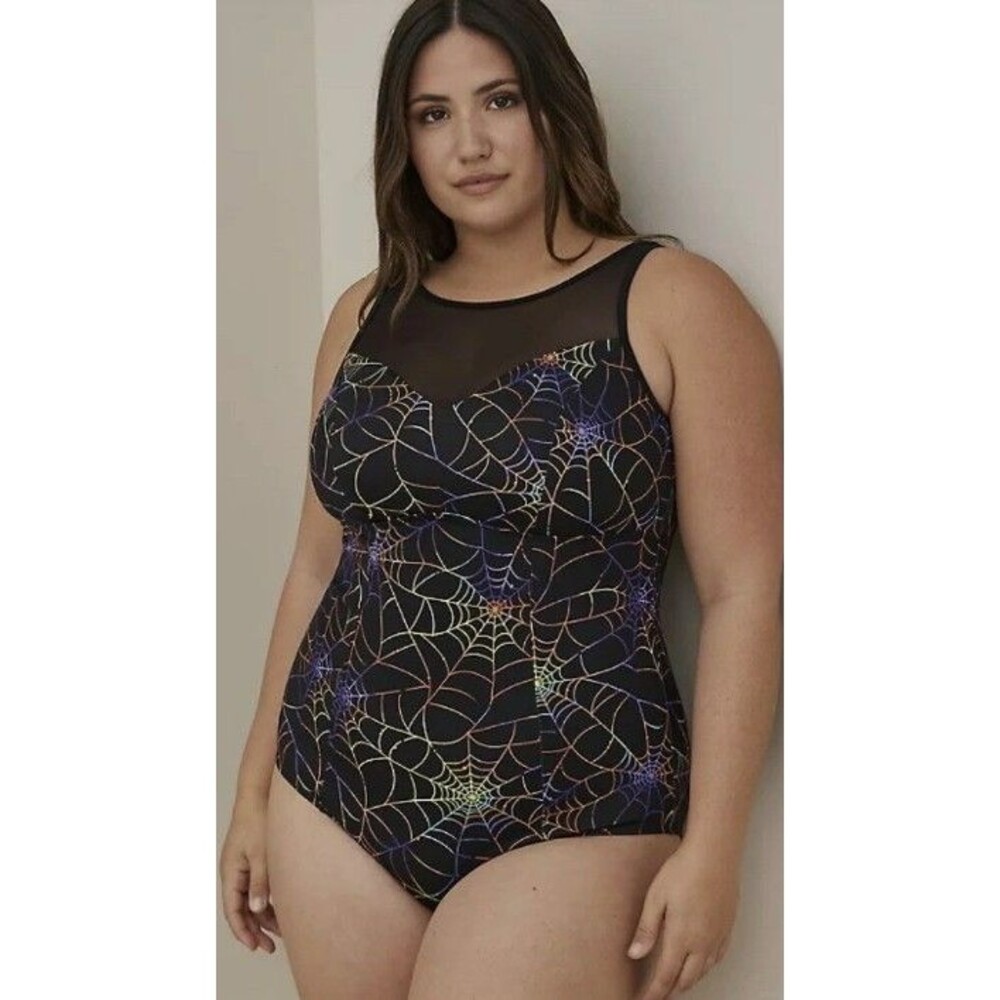 NEW TORRID sz. 1 14 / 16 Wireless Mesh One Piece RAINBOW SPIDERWEBS Swimsuit